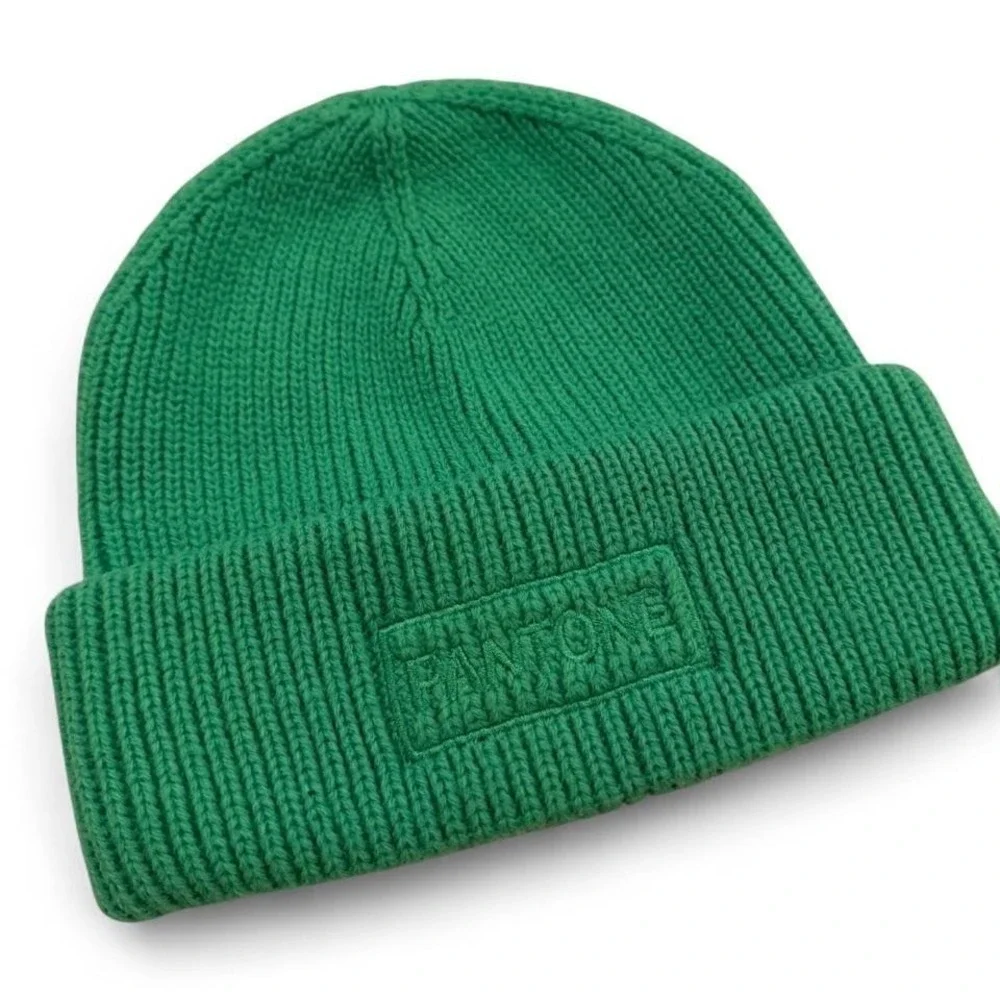 Green knit beanie with embroidered logo